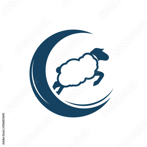 A stylized image shows a sheep jumping over a dark-blue crescent moon against a white background