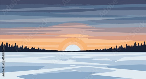 Pixelated frozen lake and forest at sunset with layered sky