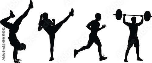 Fitness and sports silhouettes featuring breakdance, martial arts kick, running and weightlifting, active lifestyle athlete illustration set isolated on white background