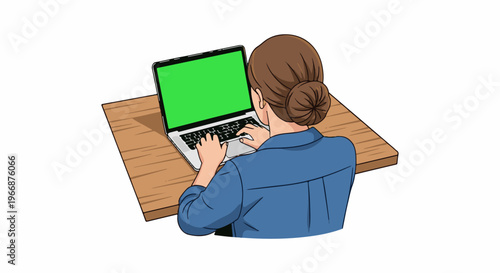 Person with hair bun types on laptop with green screen