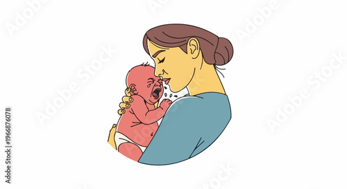 Mother holds crying infant, offering comfort with gentle touch and soothing words