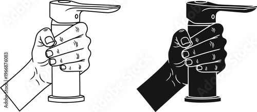 Two illustrations of a hand operating a manual water pump handle