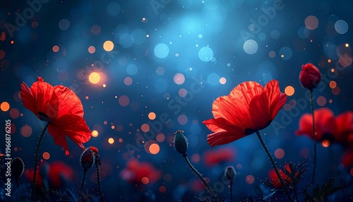 Enchanting red poppies bloom in a magical night garden with glowing bokeh lights.