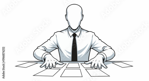 Faceless figure in formal attire arranges papers on a table with focus