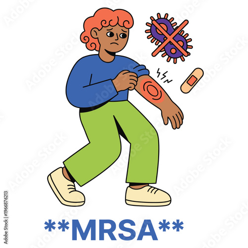 Illustrative healthcare warning A character suffering from a bacterial skin disease, showing painful symptoms and the need for medical health intervention