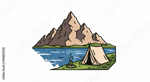 Mountain lake campsite with tent and campfire