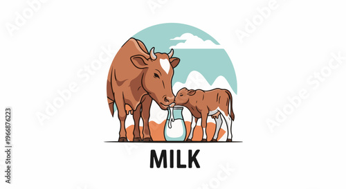 Mother cow and calf drinking milk from jug with clouds and mountains