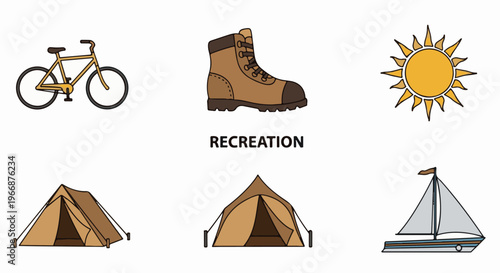 Outdoor recreational activities illustrated sun, bike, boot, tents, sailboat