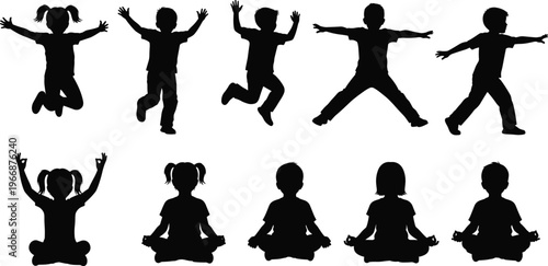 Kids silhouettes collection showing children jumping, playing, sitting meditation poses, boys and girls black silhouettes isolated on white background