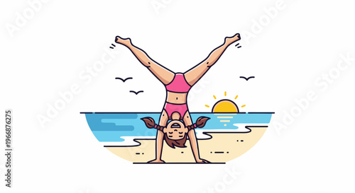 Cheerful girl performs handstand on beach during sunrise with birds