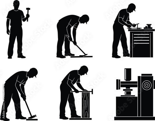 Industrial worker silhouettes set, machinist and carpenter working poses, hammering, measuring, workshop tools isolated on white background