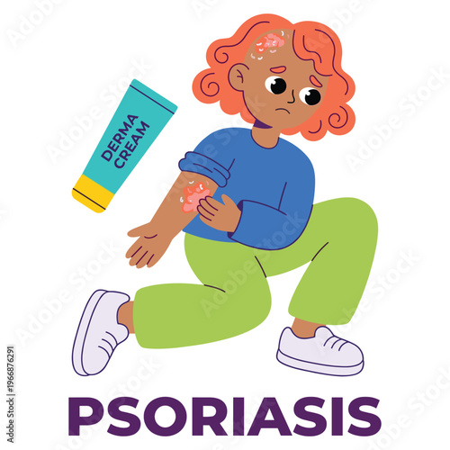 Animated Character with Psoriasis Disease Symptoms Seeking Medical Healthcare Treatment with Derma Cream for Skin Health