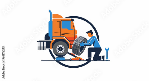 Mechanic changing tire on a large truck with tools