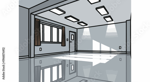 Interior perspective of a modern room with large windows and ceiling lights