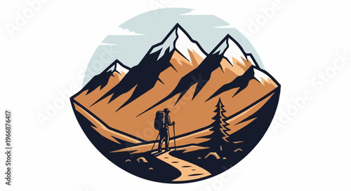 Lone hiker on mountain path, snow-capped peaks, solitary pine