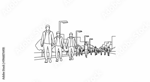 Line drawing of people walking on a city street with lampposts and buildings