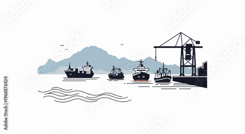 Industrial port scene with ships, cranes, and mountains in background