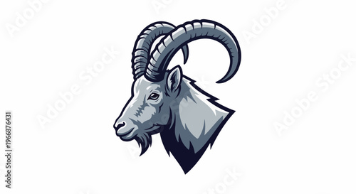 Fierce mountain goat with large, curved horns, depicted profile