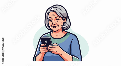 Elderly woman with gray hair smiling while holding a smartphone