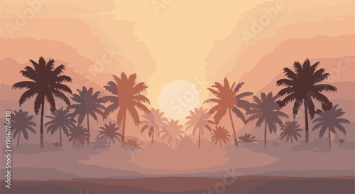 A warm sunset casts long shadows over a dense grove of silhouetted palm trees