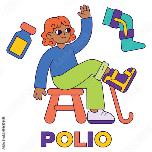 Colorful character illustration highlighting polio awareness, essential vaccinations, and a journey towards better health and recovery