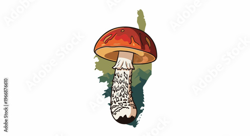 Red and white mushroom on stylized green landscape