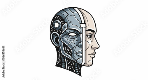 Human head split between organic and robotic halves