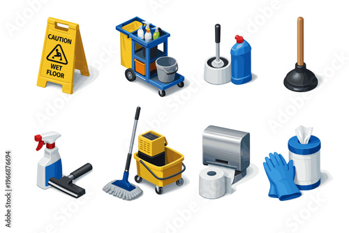 Comprehensive cleaning supplies: caution sign, mop, bucket, gloves, dispenser, plunger, spray