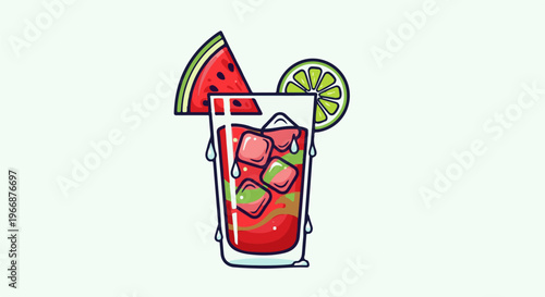 Refreshing, chilled watermelon and lime drink with ice in a clear glass
