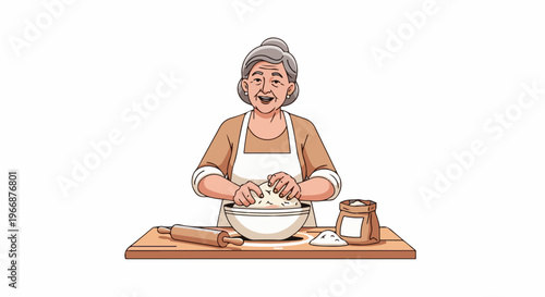 Elderly woman smiling as she kneads dough in a bowl, with baking supplies nearby