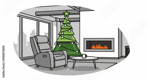 Cozy living room with Christmas tree and fireplace