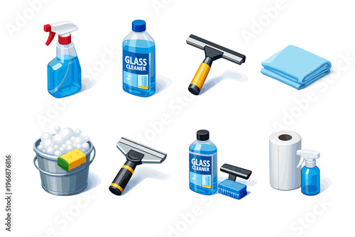 Essential cleaning supplies with glass cleaner and tools for shiny surfaces
