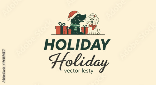 Festive dogs in Santa hats with gifts and holiday greetings