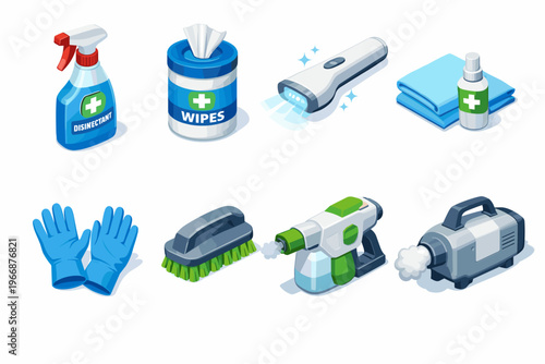 Cleaning supplies set: disinfectant, wipes, tools, and safety gear
