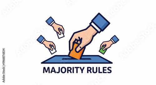 Illustrated hands casting votes into a ballot box with "Majority Rules" text