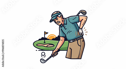 Elderly golfer experiences back pain while playing on a sunny golf course