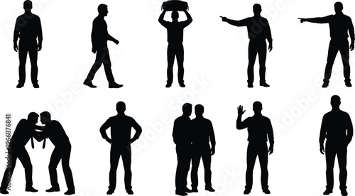 Set of male silhouette poses isolated on white background, walking, pointing, carrying, greeting, fighting, human body language collection for design