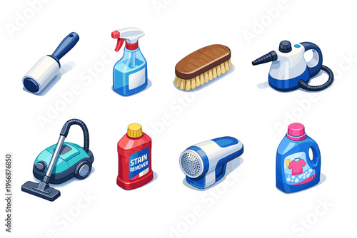 Assorted cleaning tools: vacuum, stain remover, brush, steam cleaner, lint roller, spray bottle, fabric shaver, detergent