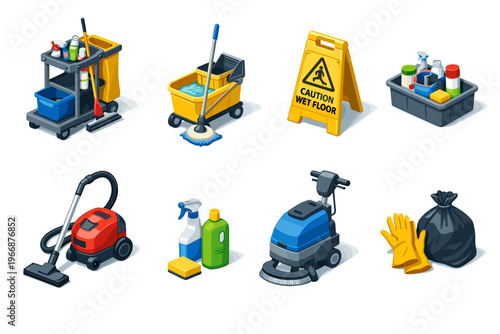 Various cleaning equipment and tools featuring mop, vacuum, and supplies