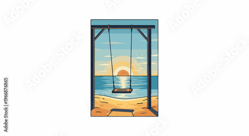 Serene beach swing against a pixelated sunset over ocean waves