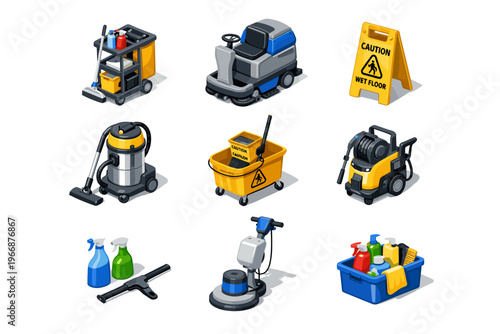 Cleaning equipment icons for janitorial and maintenance tasks