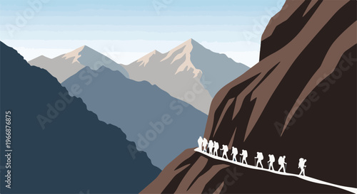 Silhouette hikers traverse a narrow mountain path overlooking a vast valley