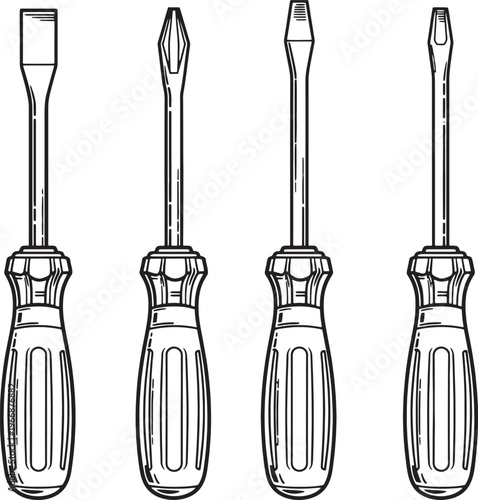 Four black and white illustrations of different screwdriver types