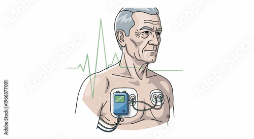 Elderly man with pacemaker and heart monitor display