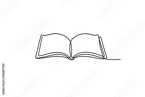 Minimalist one-line drawing of an open book on white background