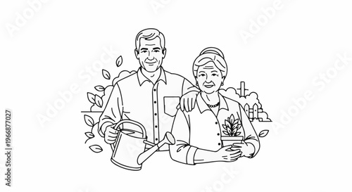 Elderly couple gardening together, watering plants and holding a potted plant