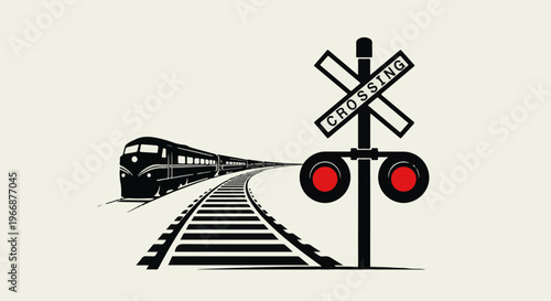 Black and white train at crossing with red lights on signal