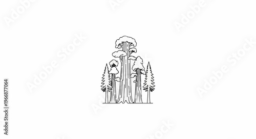 Diverse trees in a forest setting, drawn in black and white