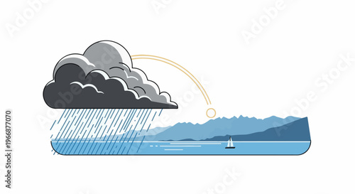 Dark storm cloud rains over blue water with distant mountains and sailboat