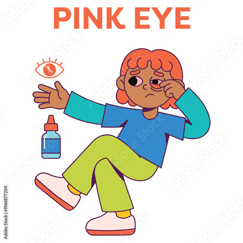 An expressive character illustration depicting pink eye disease symptoms, highlighting medical health concerns and the need for healthcare